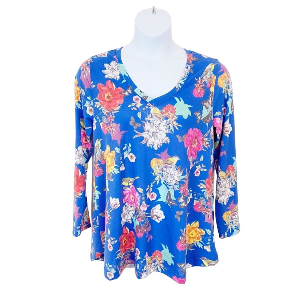 Soft Surroundings Tunic Top Women's Bird & Floral V-Neck sz Large Made in USA